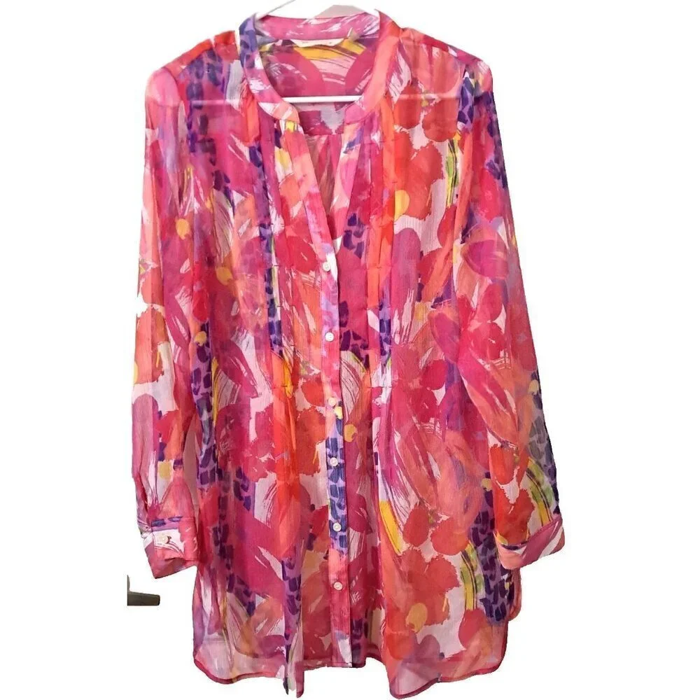Soft Surroundings Women's M Sheer Long Sleeve Button Up Band Collar Tunic Boho
